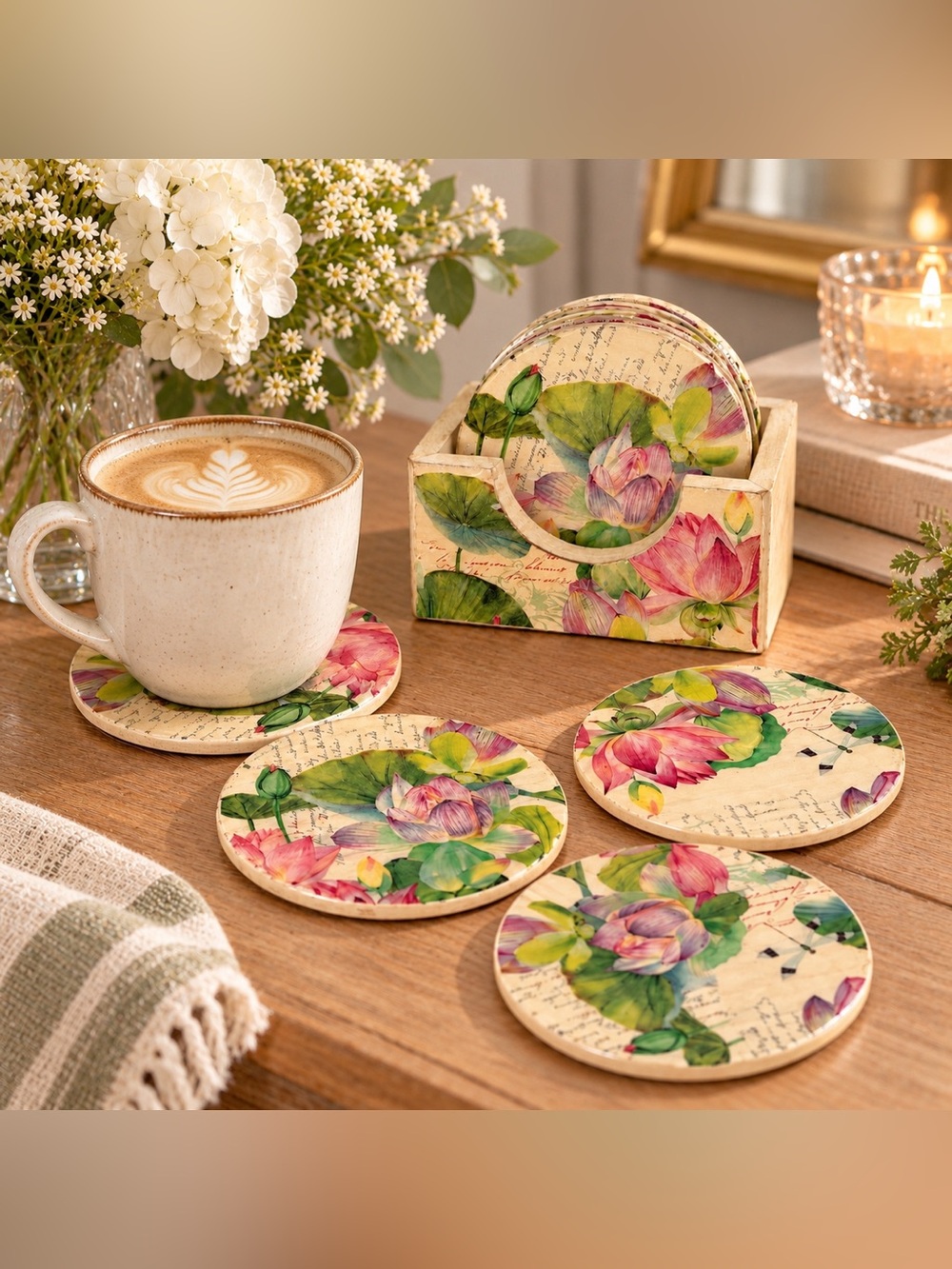 Floral Lotus Decoupage Coaster Set with Wood Holder